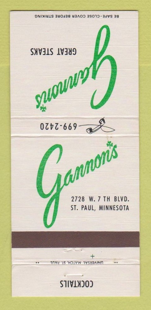 Matchbook Cover - Gannon's Restaurant Steaks St Paul MN 30 Strike