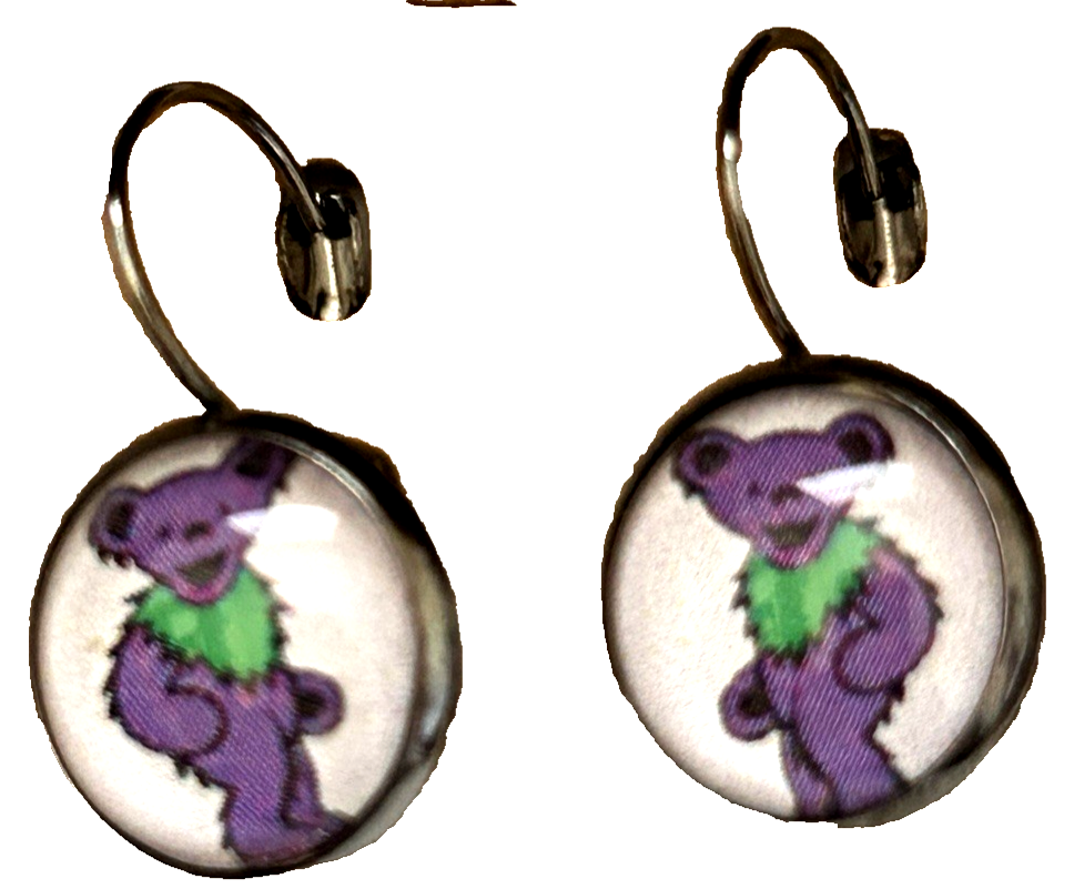 Grateful Dead Dancing Bear Earrings Purple Locking Clasp Prevents Loss Beautiful