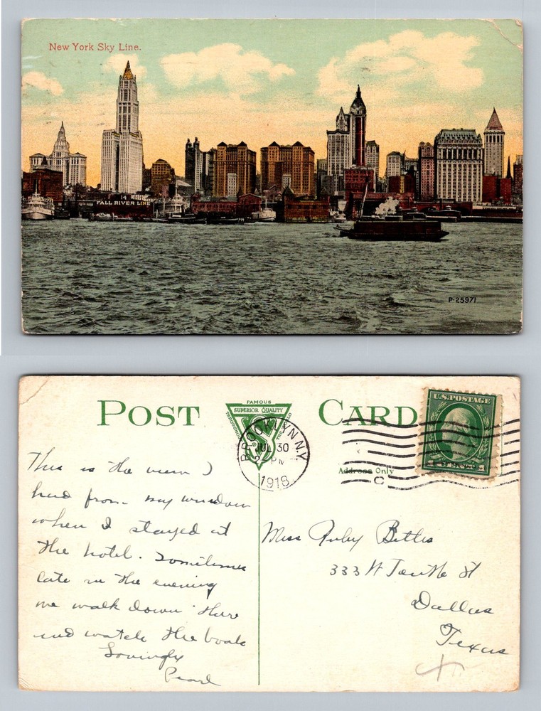 New York, NY-New York, Skyline Harbor Boats City Skyline Vintage c1918 Postcard