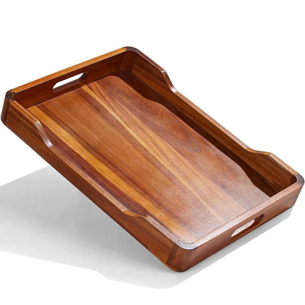 Acacia Wood Serving Tray with Handles Rectangular Decorative Ottoman Serving ...-image