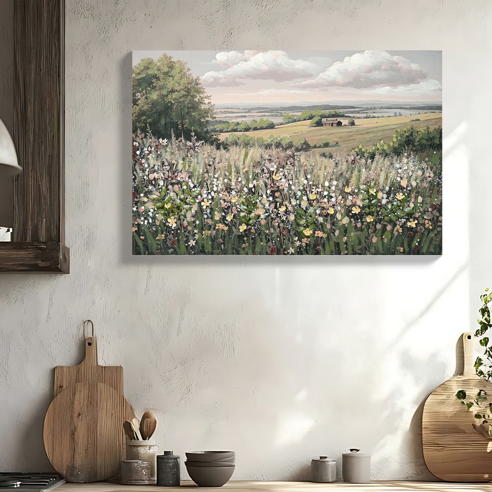 Framed Canvas Wall Art Vintage Decor Landscape Wall Art, Meadow with Flowers Art