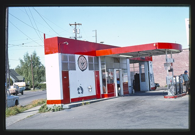 Photo:Portland Oregon 1976 Gas Station Red White Pumps