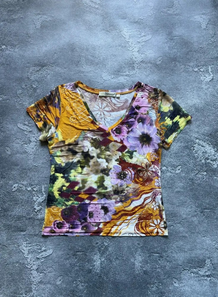 Vintage Blumarine Luxury Y2K Floral Rhinestones T-Shirt Size 36
