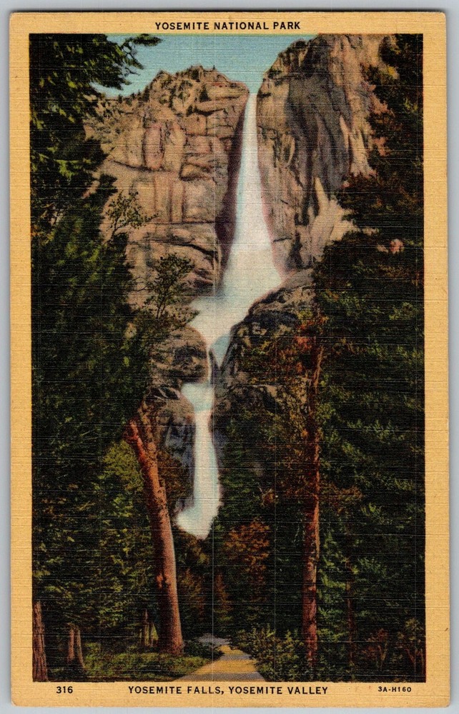 Vtg Linen Postcard Yosemite Falls Upper & Yosemite Valley, CA 1930s