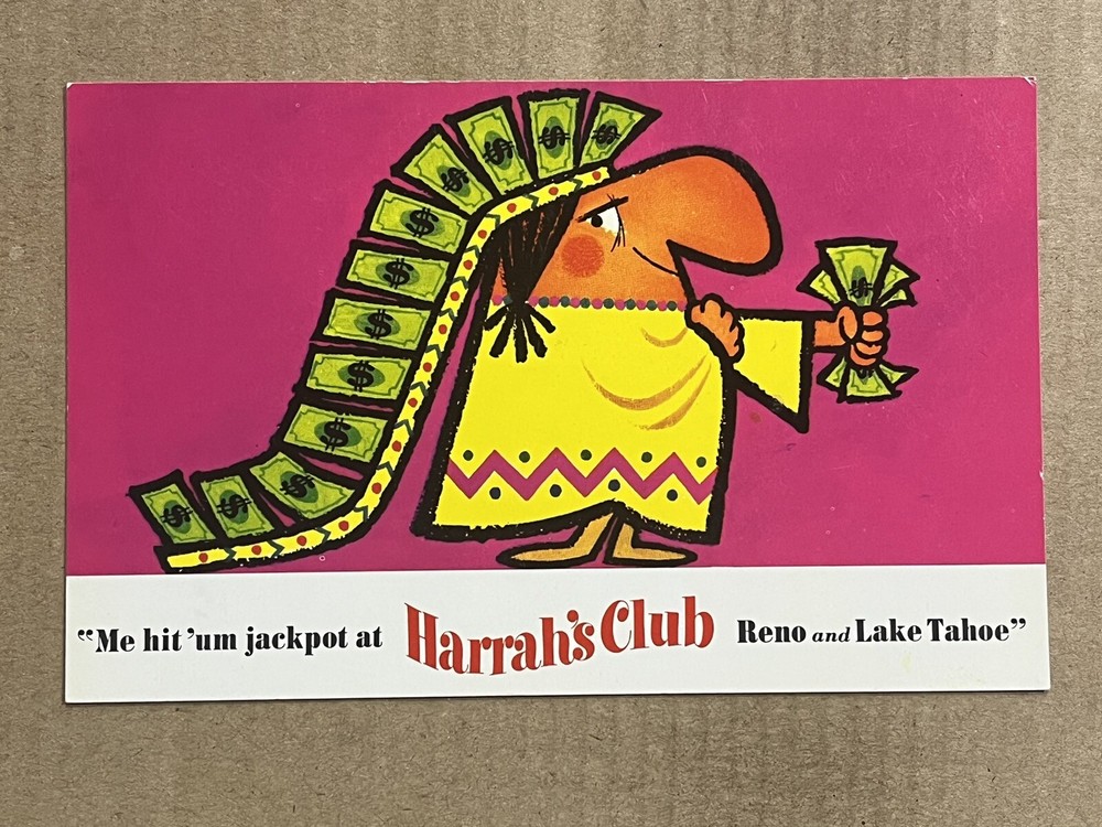 Postcard Comic Indian Harrahs Club Casino Reno Nevada Lake Tahoe Stateline NV