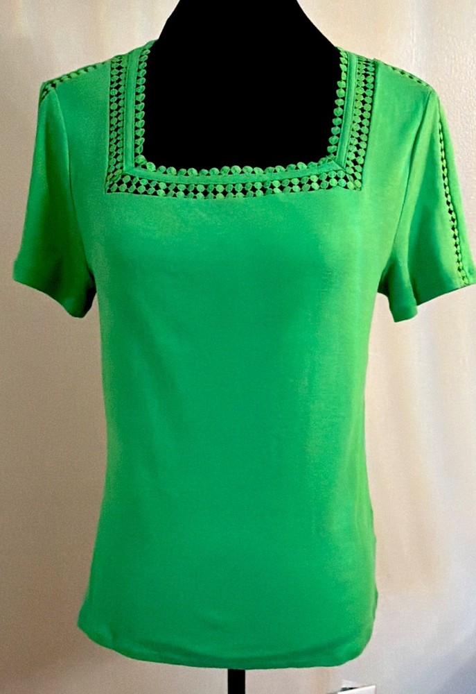Rafaella Women's Green Knit Crochet Accent Square Neck Short Sleeve Top Size M