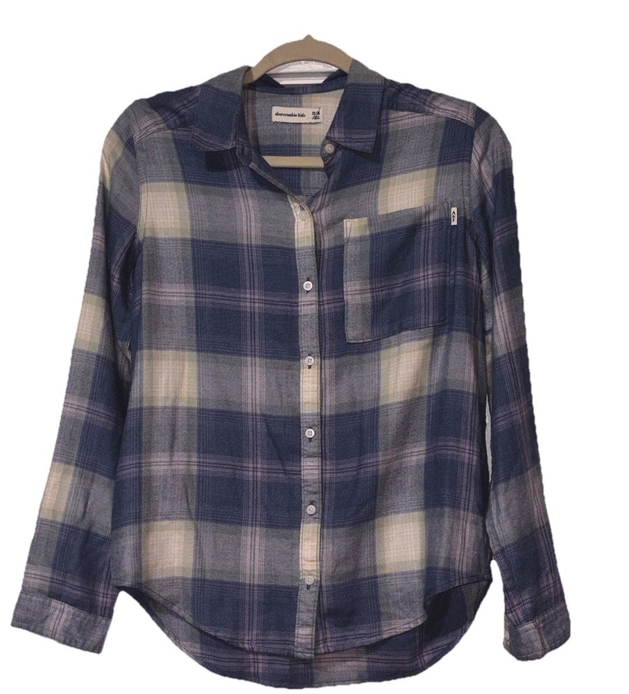 Abercrombie Kids Blue and Purple Girl's Plaid Flannel Button Shirt Size 13/14