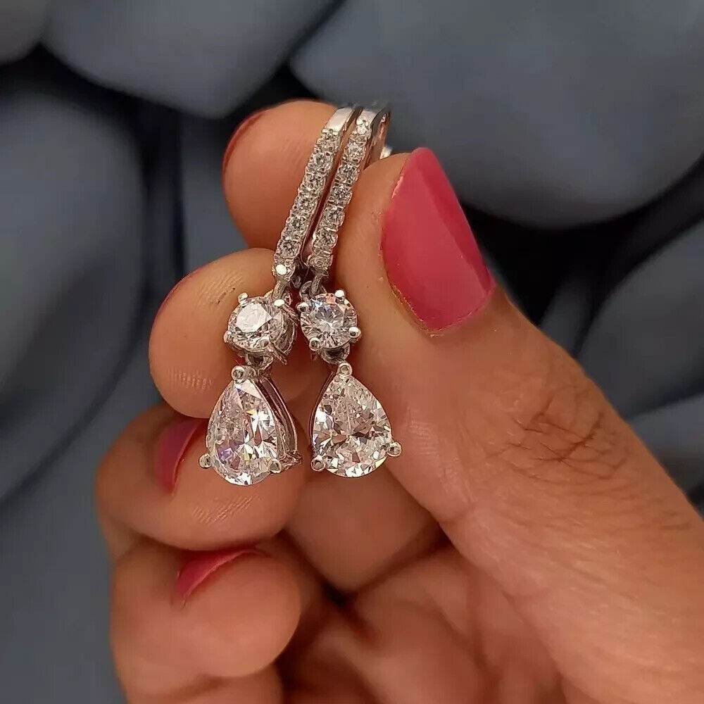 3Ct Pear Cut Simulated Diamond Drop Leverback Earring In 14K White Gold Plated