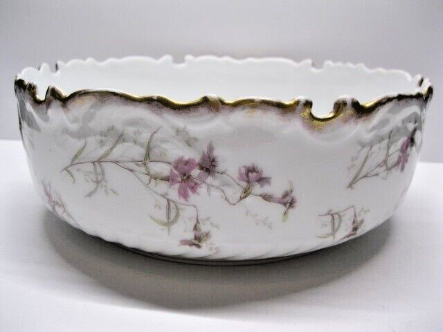 Antique Limoges France Porcelain Serving Bowl Violets & Gold Rim