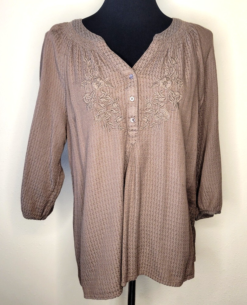 St Johns Bay Womens XL Brown Embroidered Peasant Top 3/4 Sleeve Button Front
