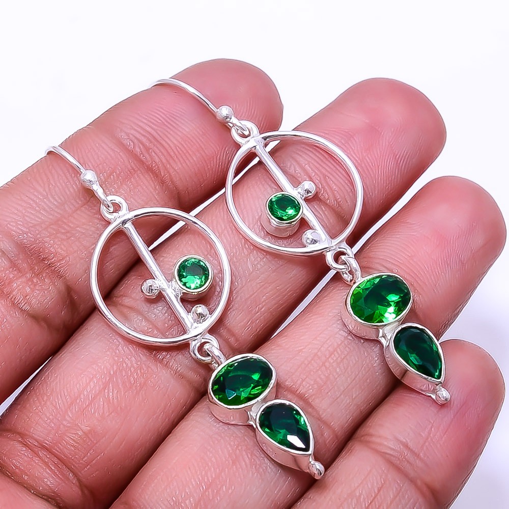 Emerald Simulated 925 Sterling Silver Handmade Dangle Earrings 2.34 Inch E51
