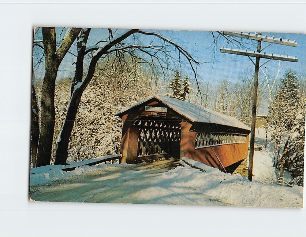 Postcard Winter Scene Old Covered Chiselville Bridge East Arlington Vermont USA
