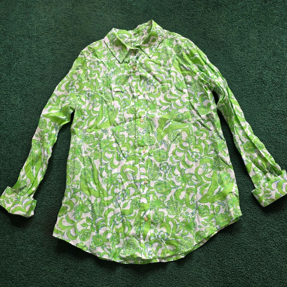 Lilly Pulitzer Lynd Tunic Seacoast Linen Shirt Sz M Green & White Floral Buttons