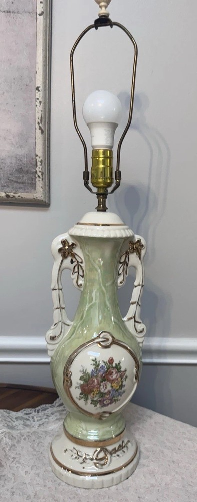 Vintage Porcelain Table Lamp Green Marbleized Floral Gold Trim Hollywood Regency
