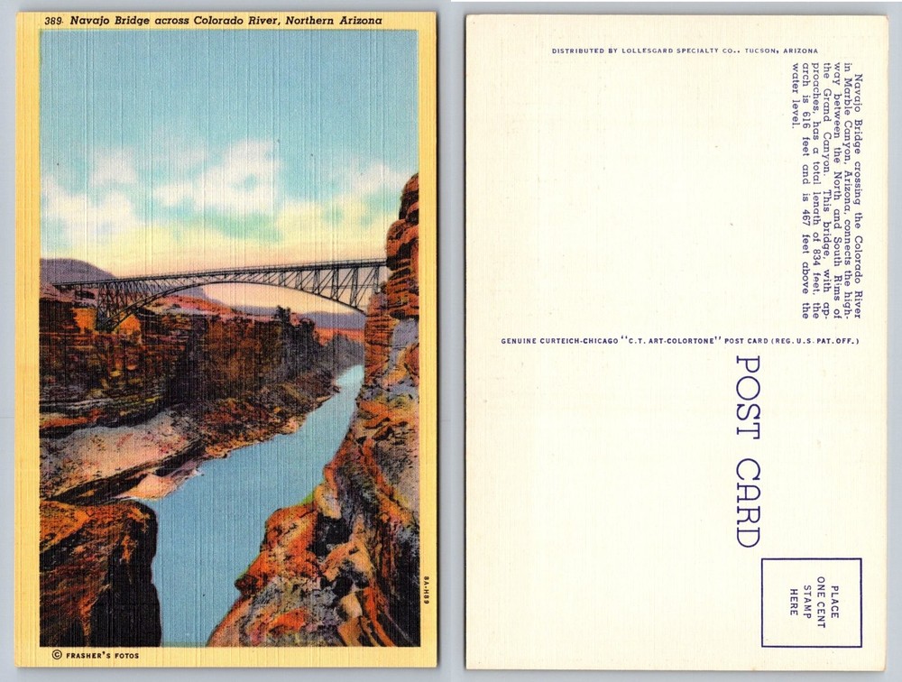 Navajo Bridge Colorado River Arizona Linen Postcard Curteich Frasher's Fotos