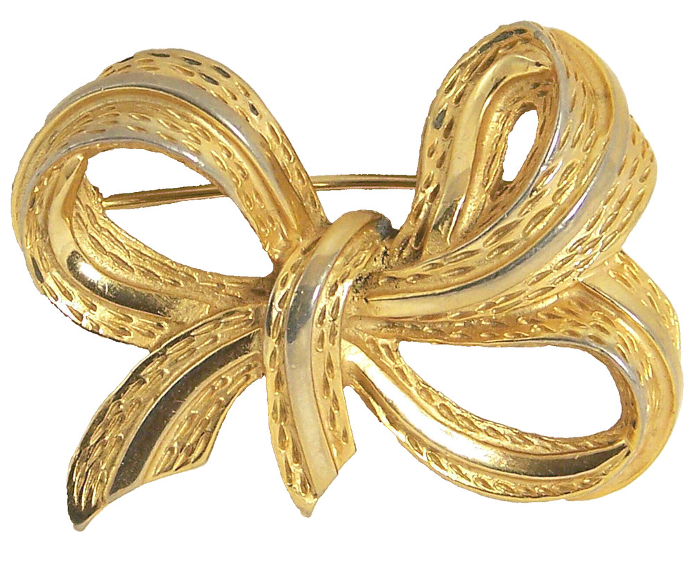 Vintage Bellini Pin Ribbon Bow Goldtone Textured Design Brooch Signed