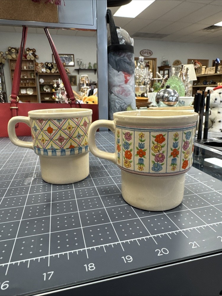 Vtg Floral Coffee Mugs Japan Stackable Cups Set Of 2 Printed