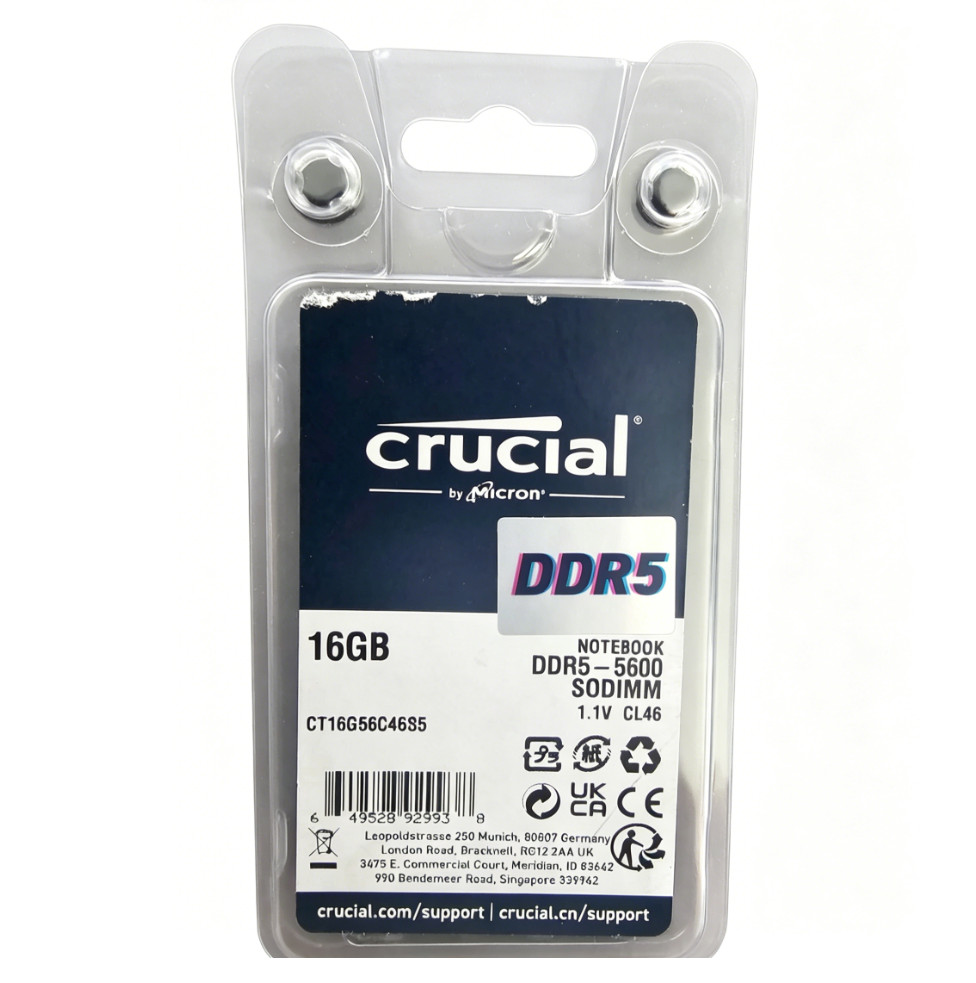 Crucial DDR5-5600 SO-DIMM 16GB (1x16GB) 1.1V Notebook Laptop Memory CT16G56C46S5