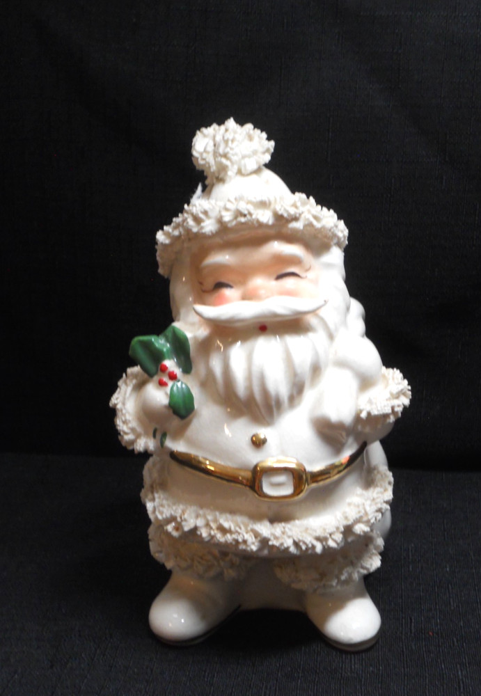 Vintage Mcm  Napco Christmas White Santa Claus Planter~ Spaghetti Trim