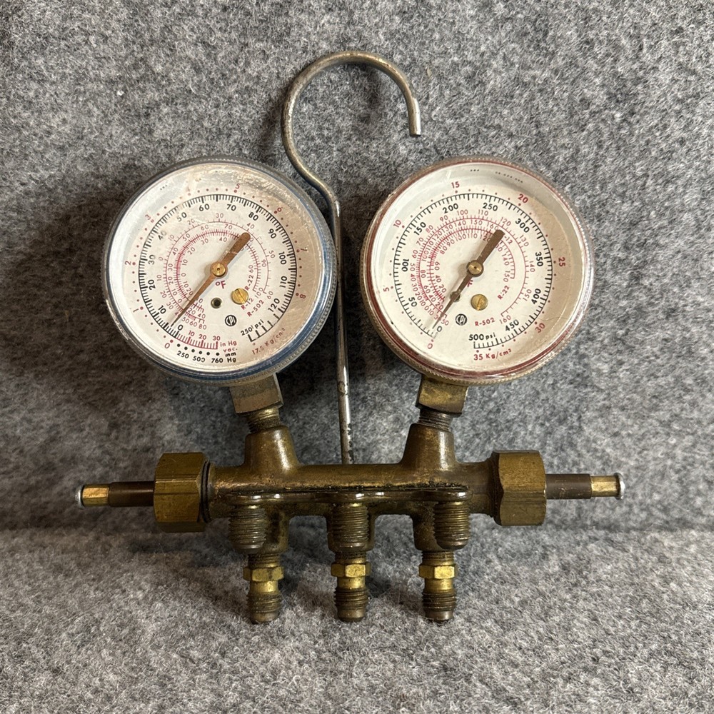 Vintage Robinair HVAC Manifold Gauge Set R-12 R-22 R-502 Brass Body Untested