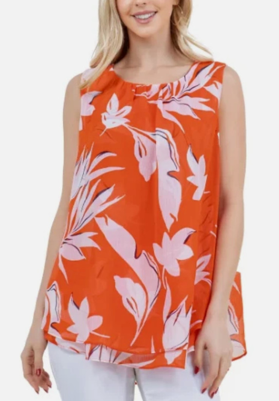 NWT Cristina B Double Layer Sleeveless Tunic Top  Orange/White Leaf Print Large