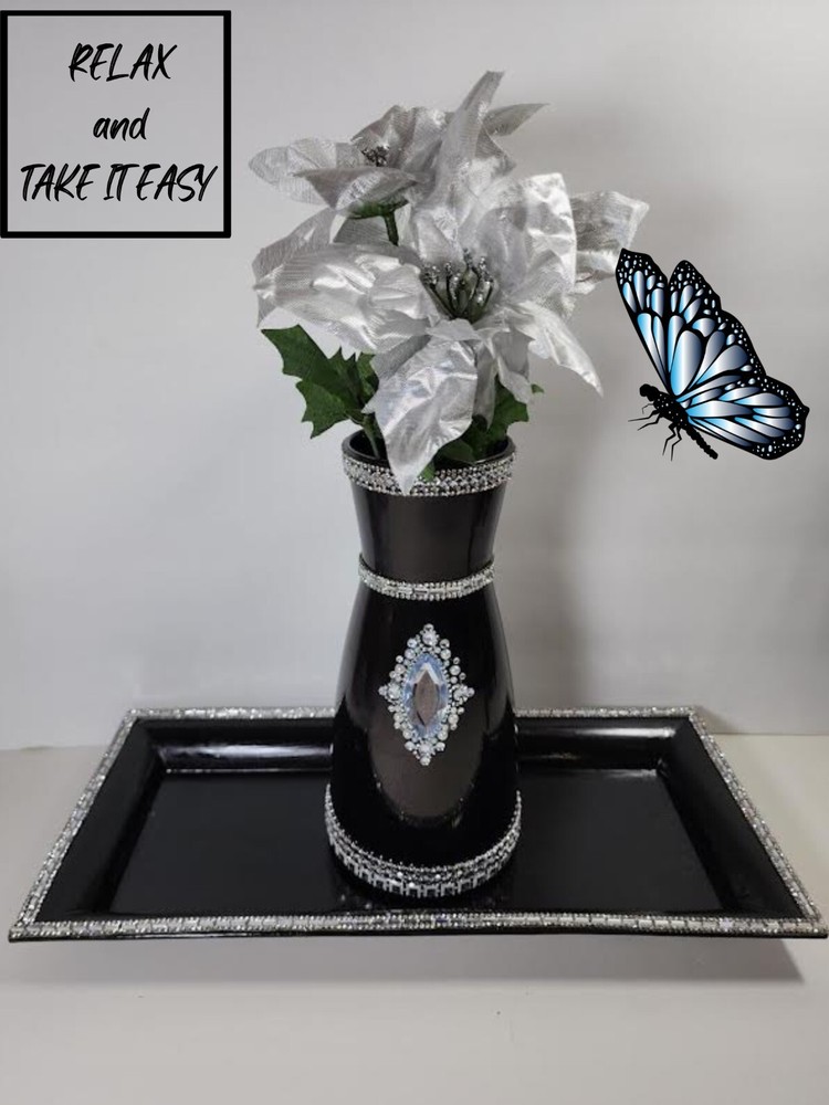 DECOR SPARKLY BLING GLAM CENTERPIECE/VASE WITH TRAY FLOWER HOLDER CANDLE HOLDER