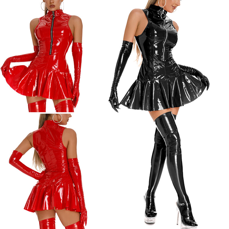 US Women Miniskirts Bodycon Costume Flared Dress Pleated Stand Collar Party Rave