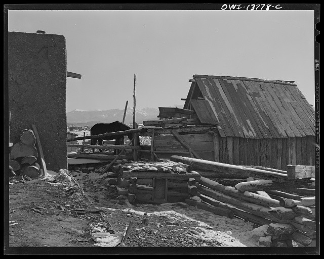 Photo:Taos Valley New Mexico 1943 Adobe Ranch Buildings Horseyard Snow
