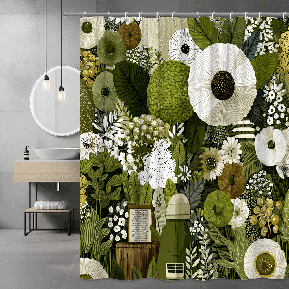 Green Floral Botanical Shower Curtain, Abstract Leaf and Flower Print