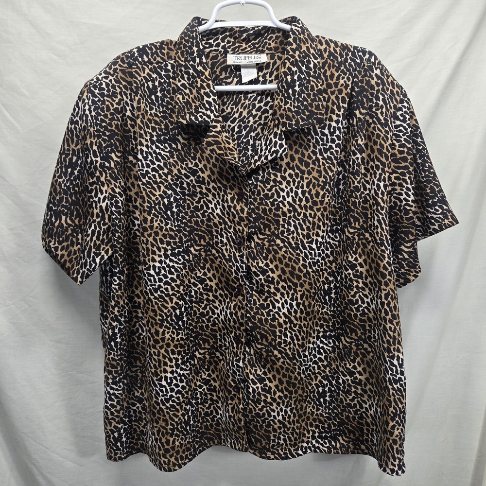 Vintage Made In USA Women 20W Leopard Print Short Sleeve Button Down Brown Shirt