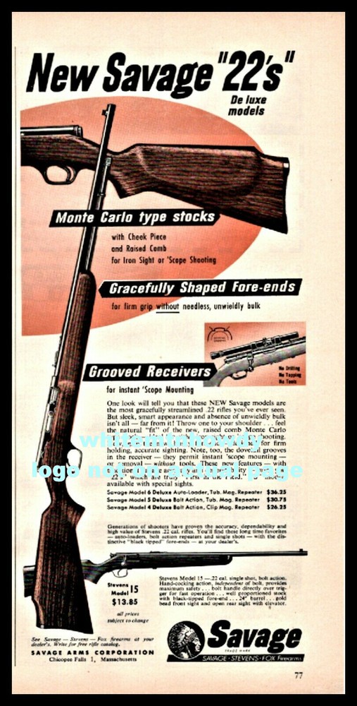 1955 SAVAGE 4, 5, 6 and STEVENS Model 15 .22 Rifle  Print AD
