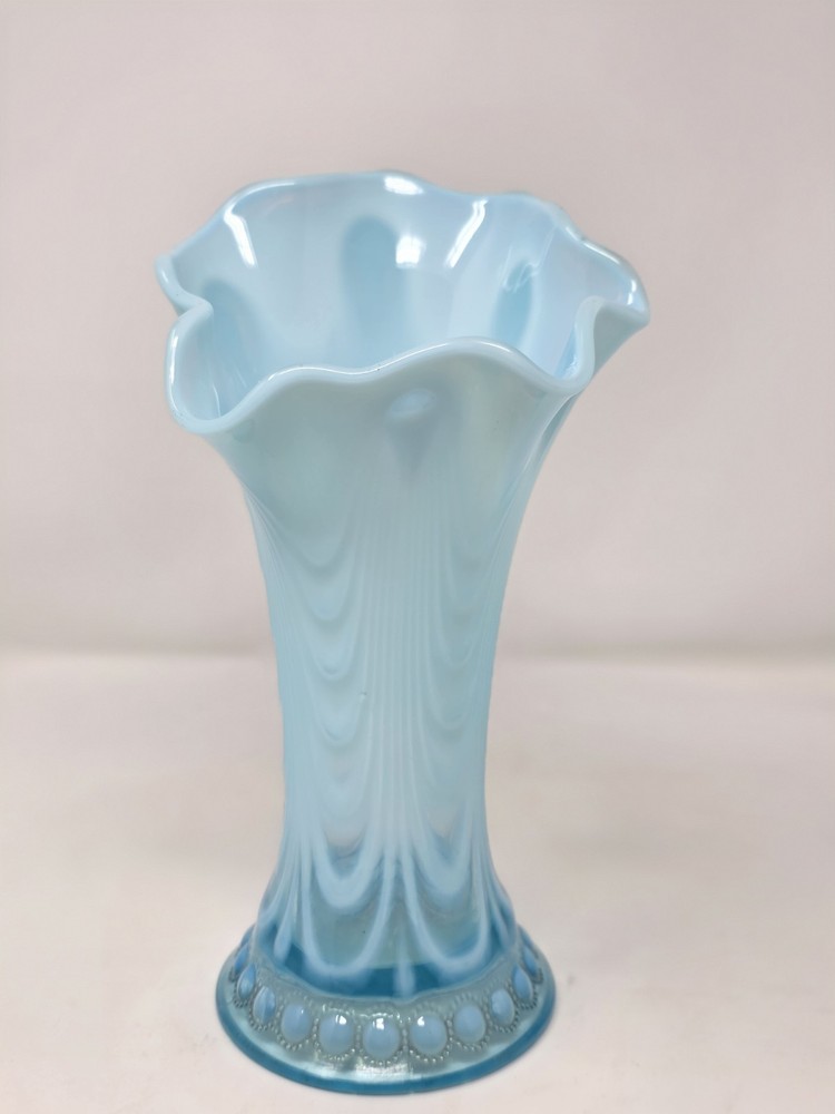 Antique Northwood Glass Company Blue Opalescent Glass Vase Ruffled Rim 8.5