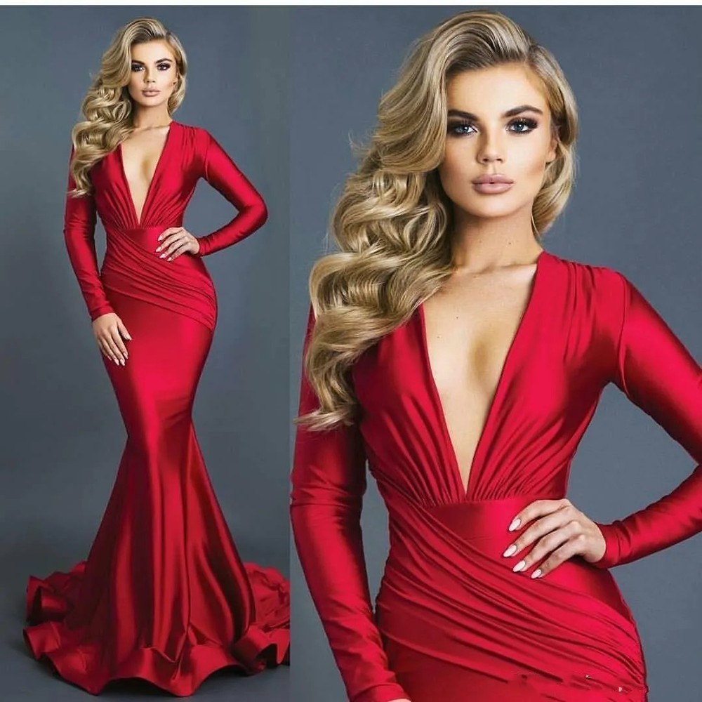 Mermaid Evening Dresses Deep Vneck Long Sleeves Spandex Evening Gowns Prom Dress