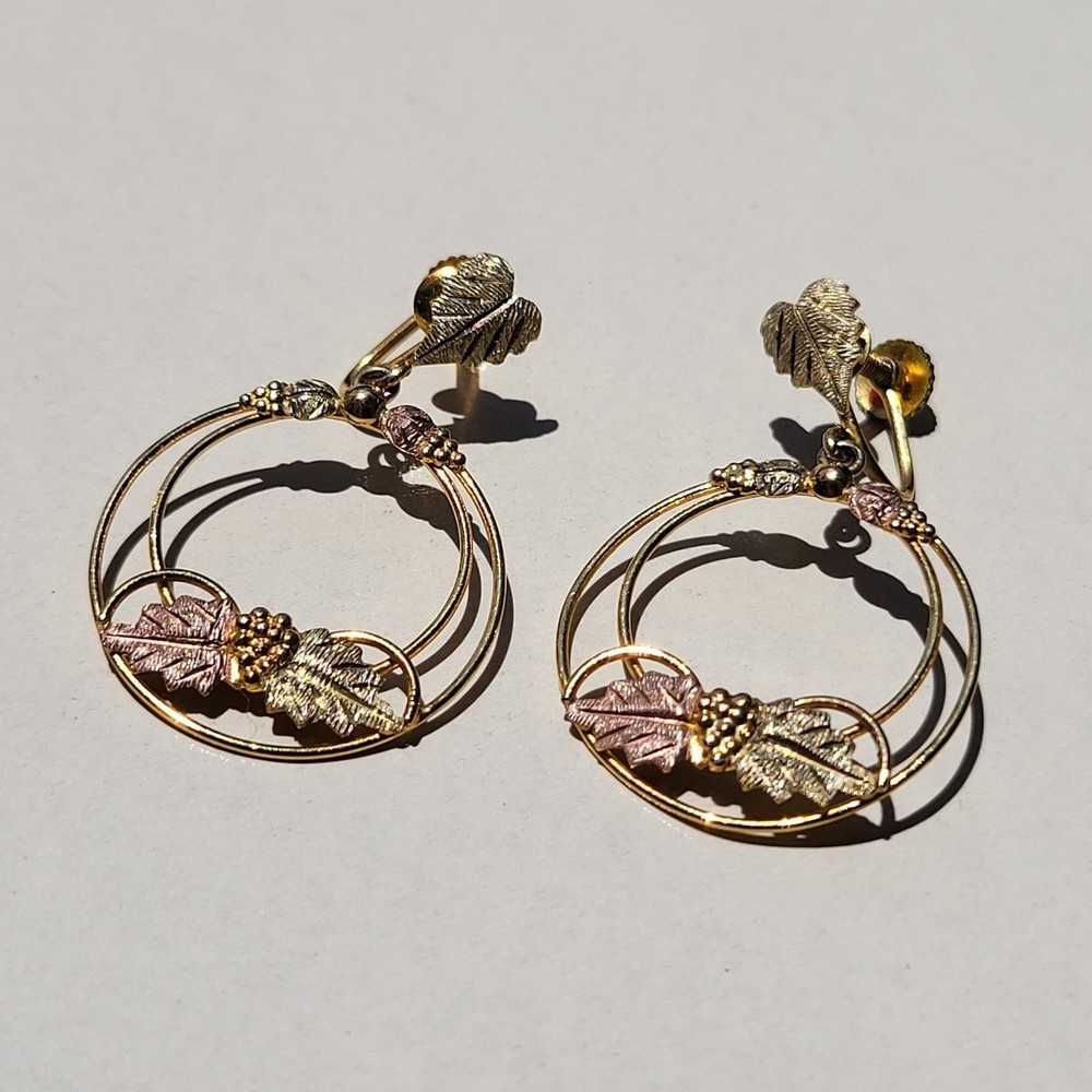 Vintage Black Hills 10K Gold Hoop Earrings Gold Tri-Color Leaf Screw Back Dangle