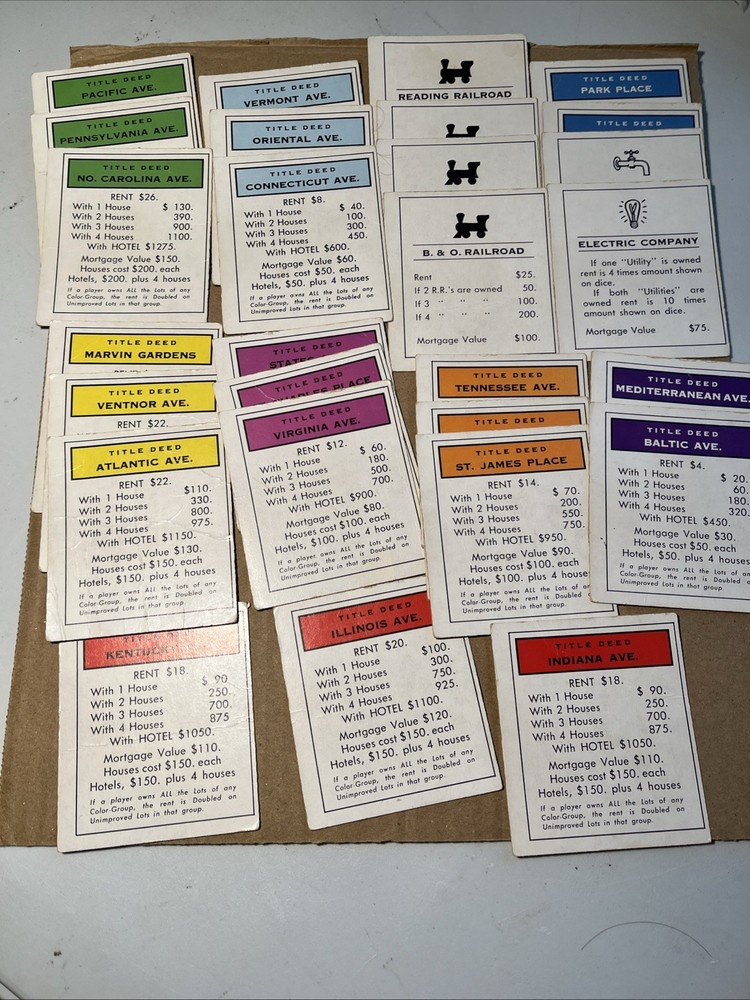 1961 Monopoly Parker Brothers Game Replacement Cards Property Real Estate Cards