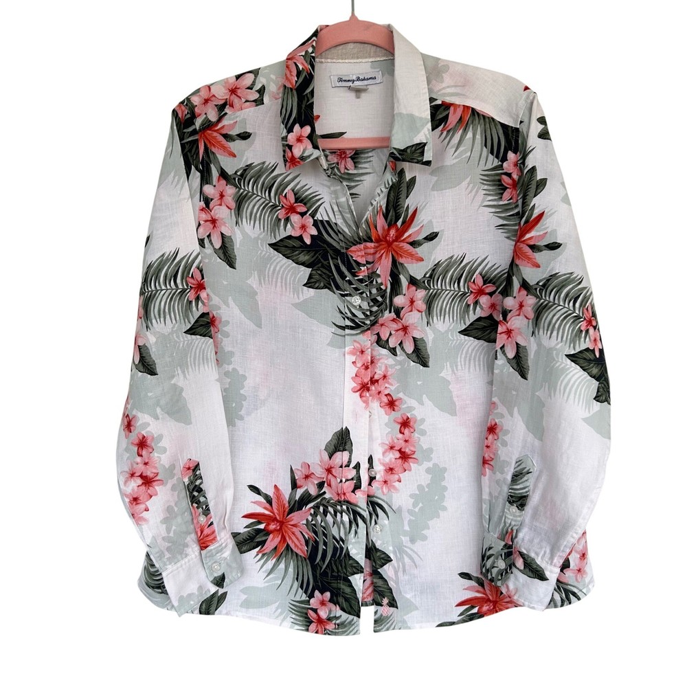 Tommy Bahama Women's Large Tropical Floral Print Linen Blend Long Sleeve Shirt