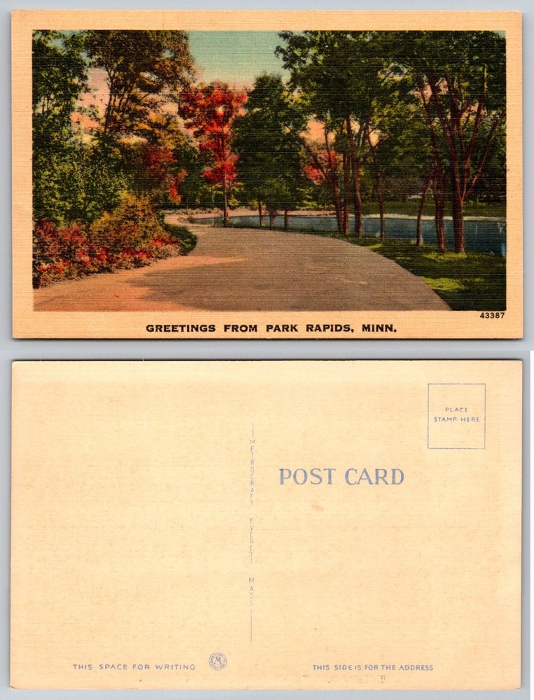 Greetings from Park Rapids, Minnesota Linen Postcard Scenic Pathway Trees River