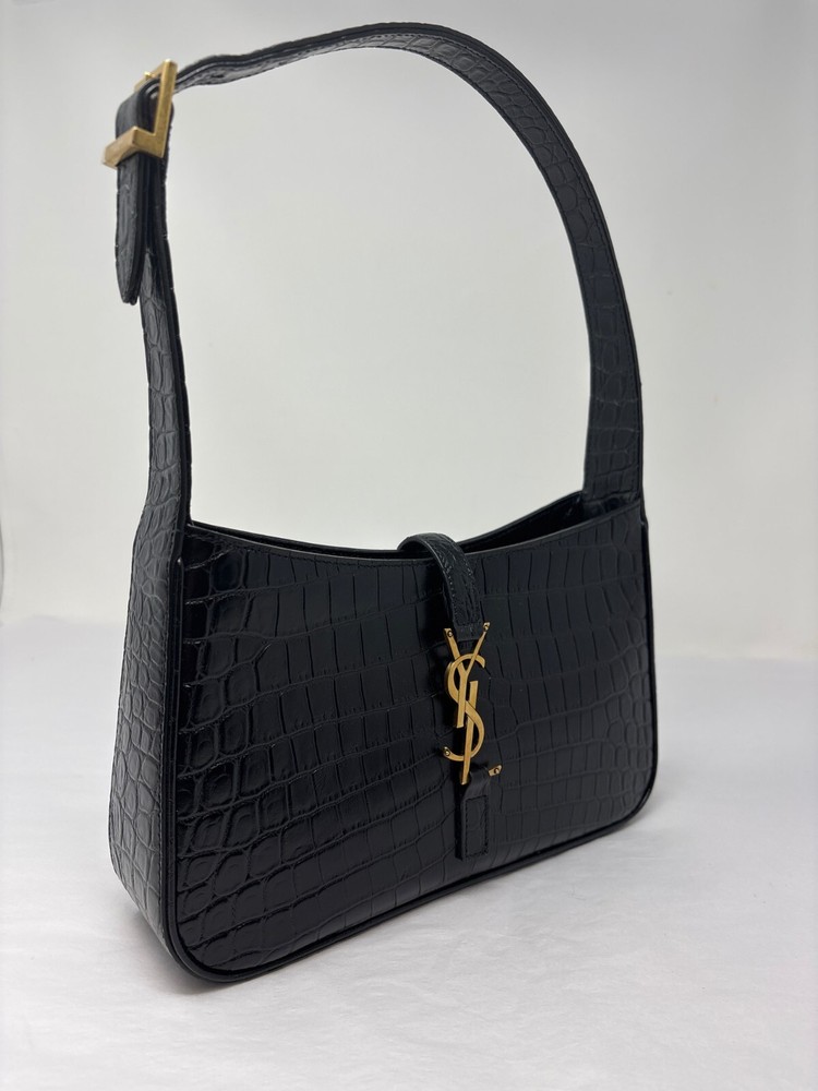 YSL Saint Laurent black crocodile-embossed leather handbag
