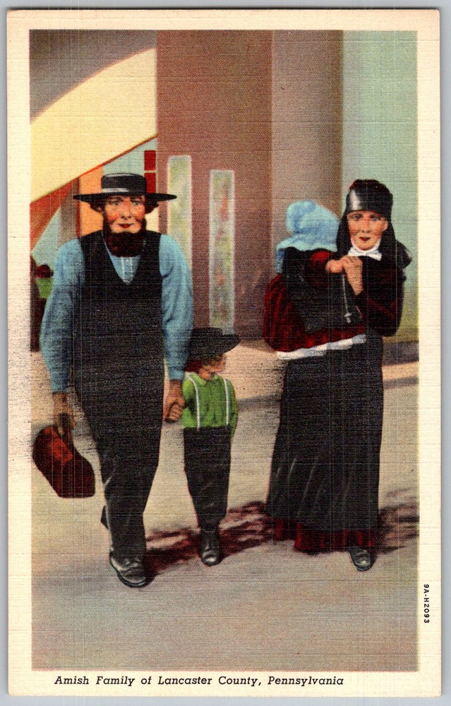 Vtg Postcard Amish Family Illustration Lancaster County, PA 1940s