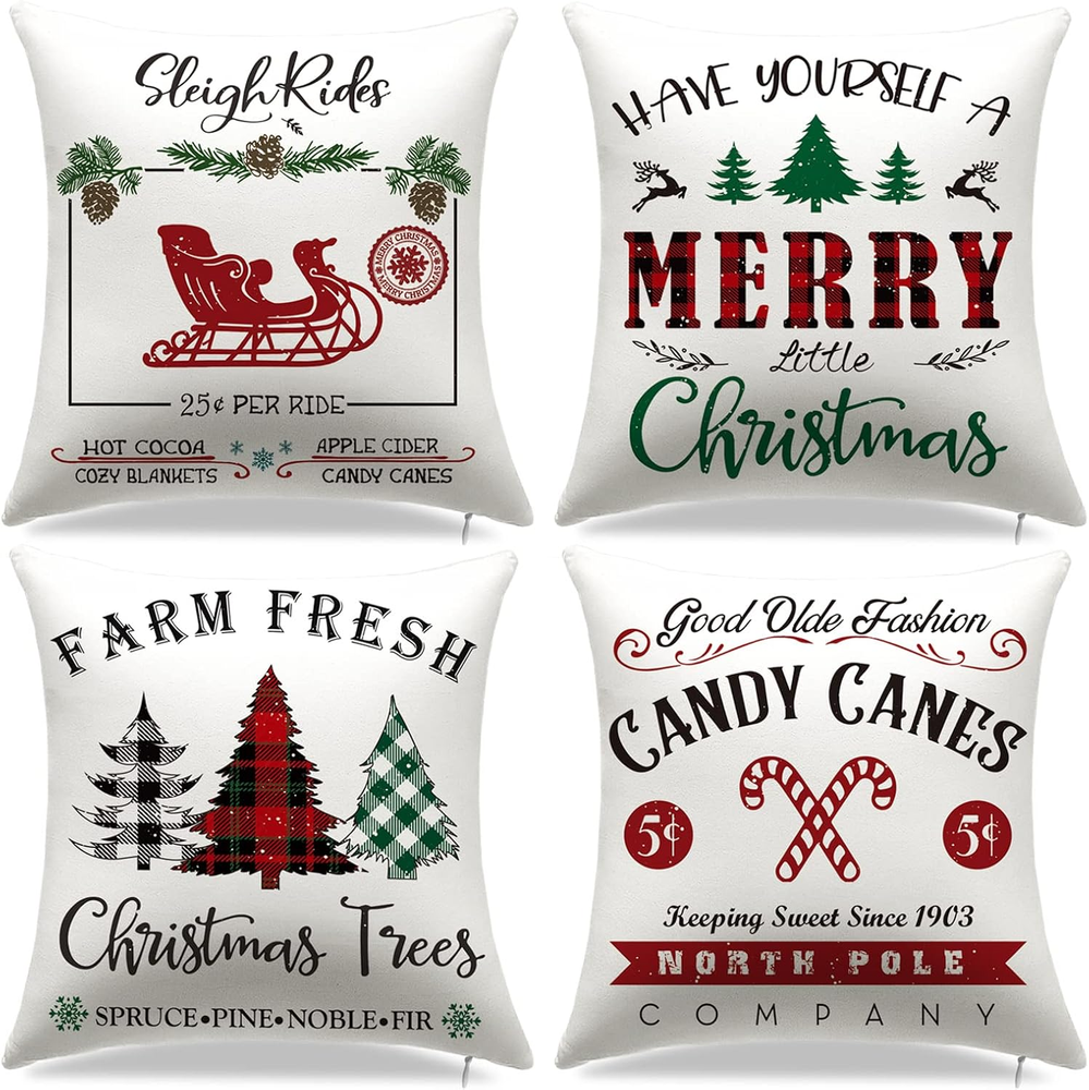 Christmas Decorative Pillow Covers 18 X 18 Set of 4,Christmas Tree, Sleigh, Pine