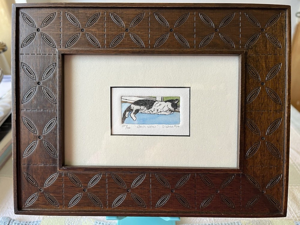Original Hand Colored Etching With Watercolor Of A Cat Titled “Bath Time”