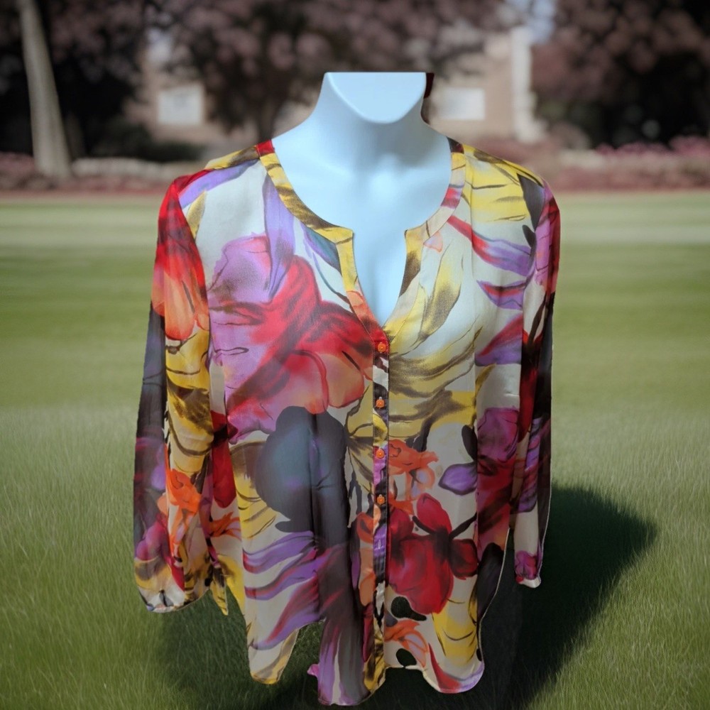 Artsy Susan Graver Sheer Flowy Button Up Long Slv Abstract Floral Blouse Plus 2X