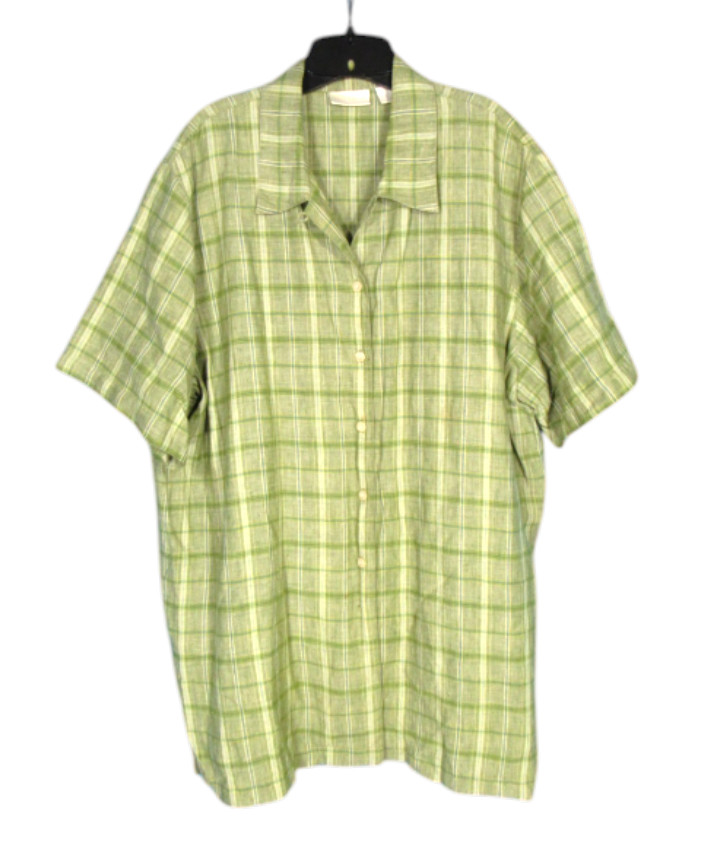 VTG ELISABETH By LIZ CLAIBORNE Green/Blue LINEN Button-Up PLAID SHIRT/BLOUSE 18