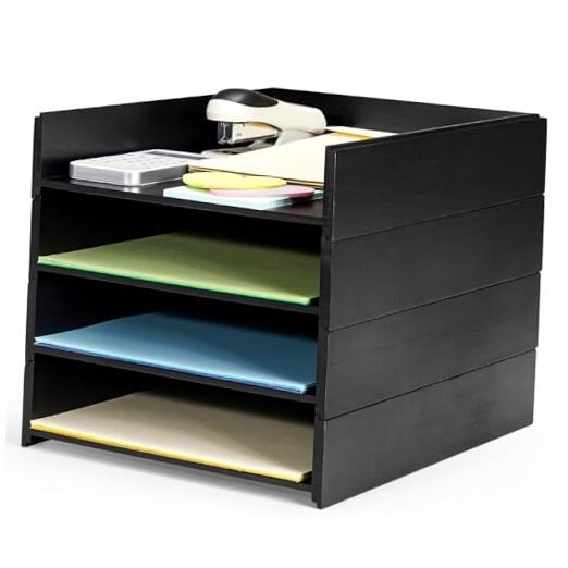 Adjustable Black Desktop File Organizer with 4 Compartments for Paper and Letter Storage
