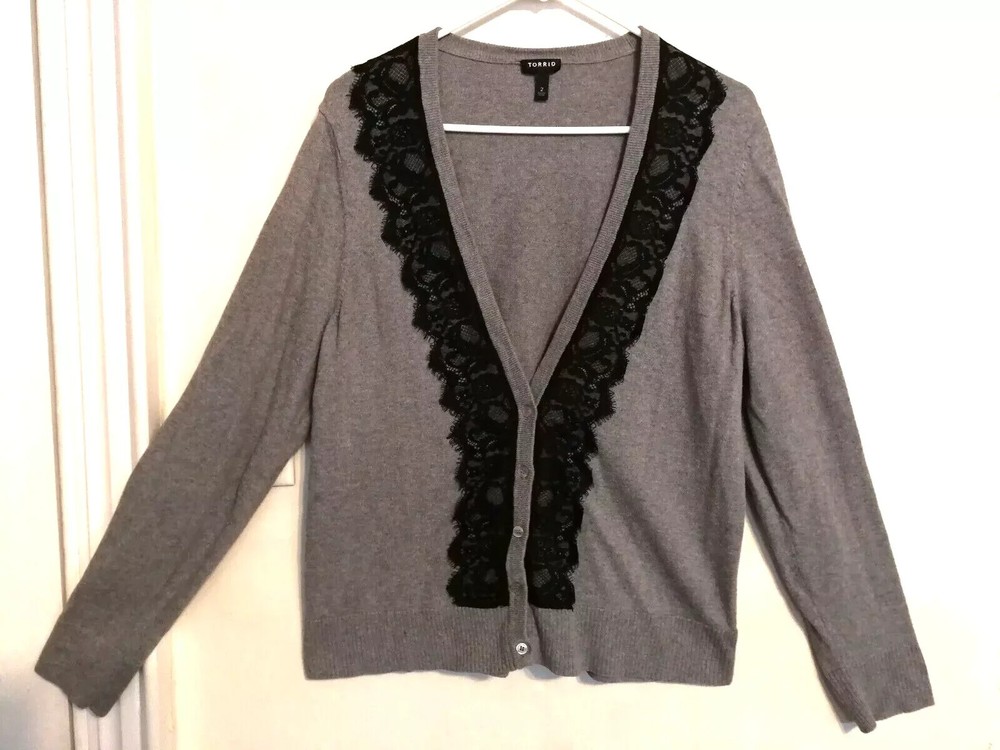 Torrid Womens Cardigan Sweater 2 Plus 2X Gray Black Floral Button Up Long Sleeve