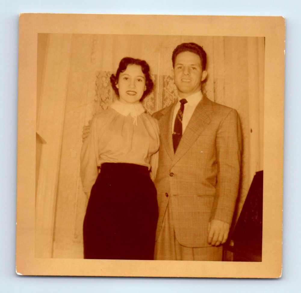 Old Vintage Square Color Photo MAN WOMAN COUPLE IN LIVING ROOM 1954 SNAPSHOT