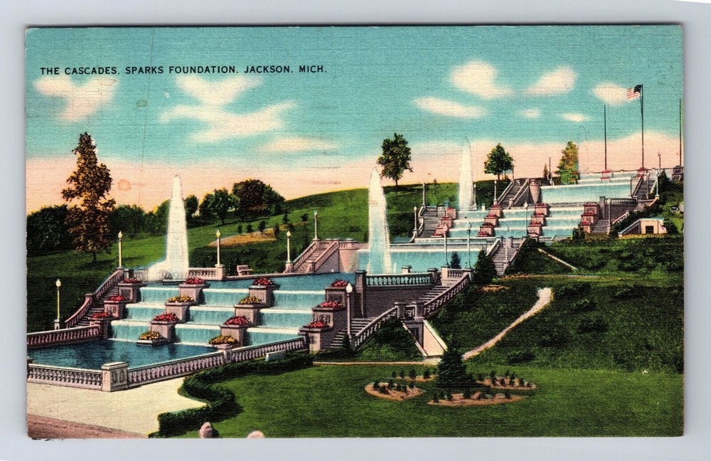 Jackson MI-Michigan, The Cascades, Sparks Foundation, Vintage c1940 Postcard