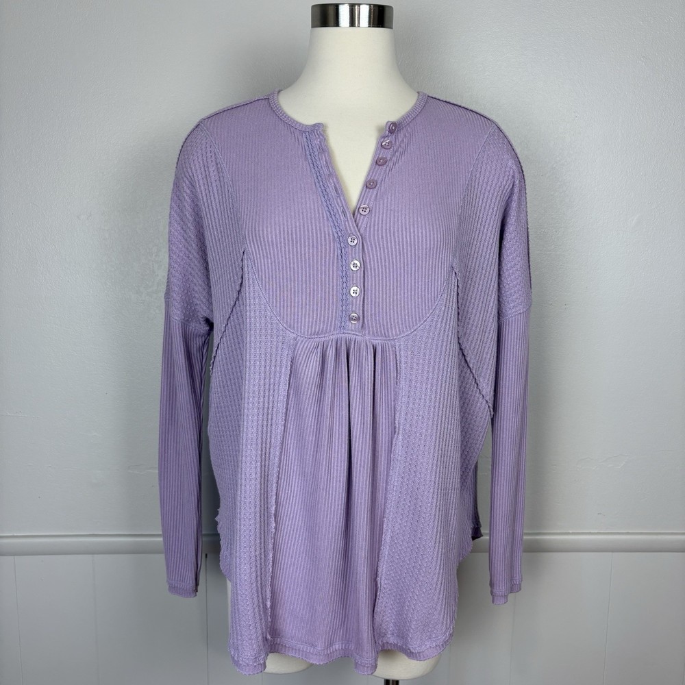Free People Leo Henley Thermal Knit Top Size XS Fair Orchid Soft Oversized Boho