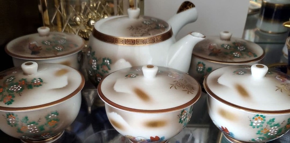 Kyoto Ware Eho Hobin Tea Pot Set Flower & Bird Design Ceramic Handcrafted