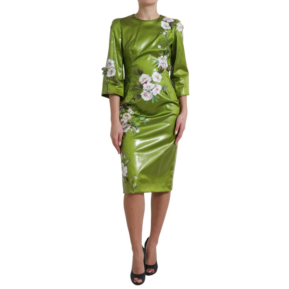 DOLCE & GABBANA Dress Green Floral Embellished Sheath Midi IT40/US6/S RRP $6500